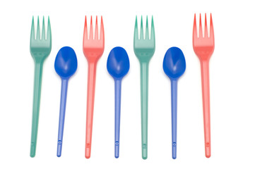 object on white - kitchen utensil - plastic fork and spoon