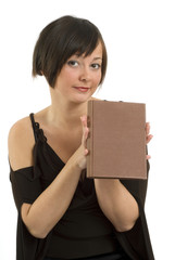 woman reading book white background