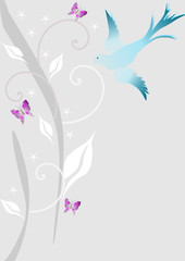 Fototapeta na wymiar fleurs et oiseau bleu