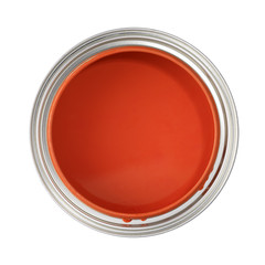 paint can filled with red paint (top view, isolated on white)