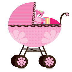 Illustration of a pram for a baby girl.