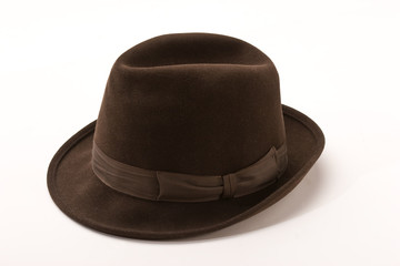 outer clothing: male brown hat over white background