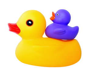 Isolated shot of rubber duck with smaller duck on back.