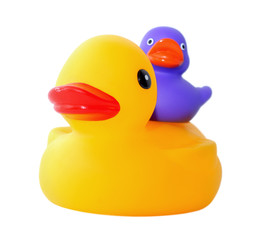 Isolated shot of rubber duck with smaller duck on back.