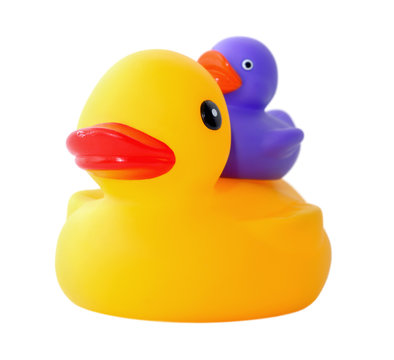 Isolated shot of rubber duck with smaller duck on back.