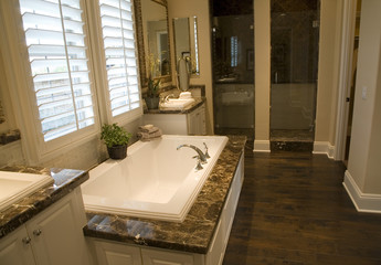 Modern bathroom with a spacious tub and shower.