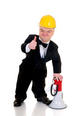 Little man, dwarf construction supervisor with megaphone,