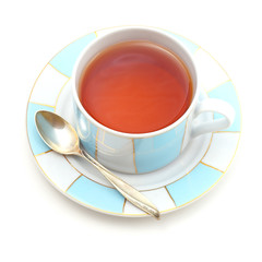 a blue-white cup of tea with saucer and old silver spoon