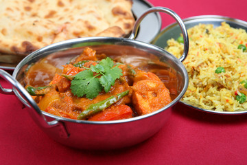 Chicken Jalfrezi with pilau rice and keema nan