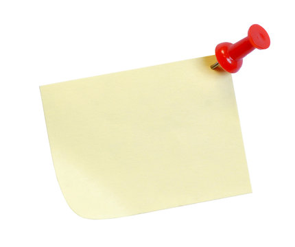 Yellow Post It Note With Tack Isolated On White