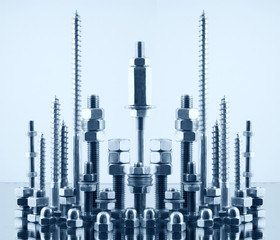 Bolts, screws, nuts. In a blue tonality