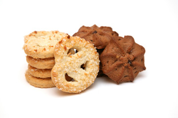 Sweet cookies sprinkled by sugar on a white background