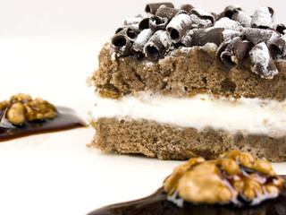 Cake of chocolate, cream and nuts.