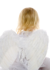little girl dressed as angel on white background