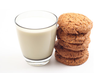 glass of milk and stack of chocolate chip cookies