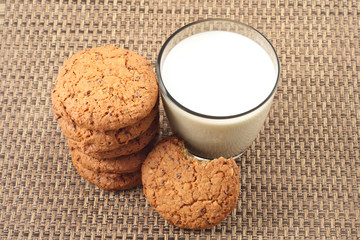glass of milk and stack of chocolate chip cookies