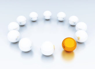 Abstract white silvery and one golden spheres