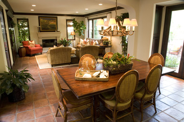 Dining table and living room.