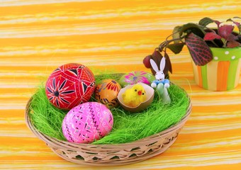 Easter eggs in basket on yellow background