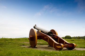 An old canon on a grass filled hill