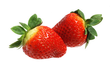Two appetizing brightly red strawberries on a white background