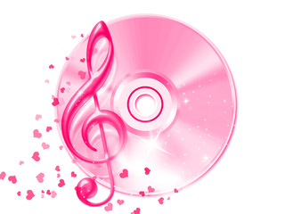 compact disk and music clef with decoration on white background