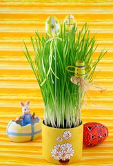 Easter eggs in basket on yellow background