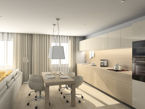 Kitchen with the modern furniture. 3D render.