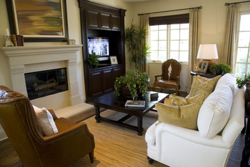 Cozy living room and fireplace.