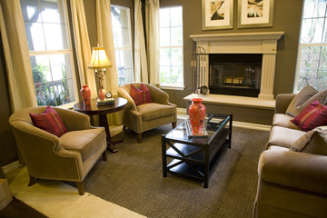 Living room with a fireplace and stylish decor.