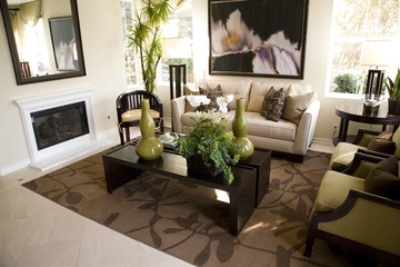 Living room with fireplace and stylish decor.