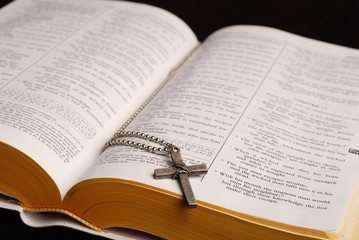 holy bible open with a cross on it