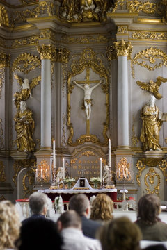 Worship Service In Traditional Church Near Altar