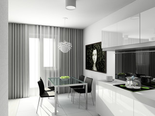 Kitchen with the modern furniture. 3D render.