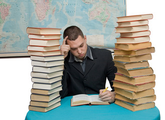 hard working man with books isolated