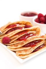 Pancakes with raspberry jam & fresh raspberries