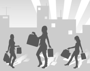 Silhouettes shopping girls on urban background, vector