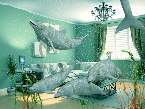 group of dolphins swimming in modern interior (3D)