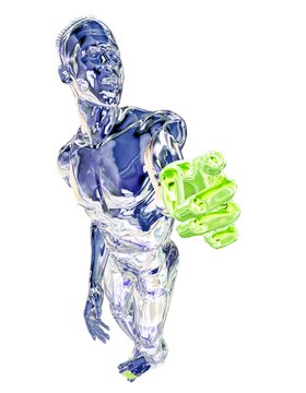 Mann aus Eis zeigt mit leutfarbig grüner Hand