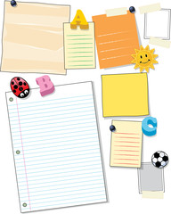 Vector fridge notes, papers, and magnets on a bulletin board