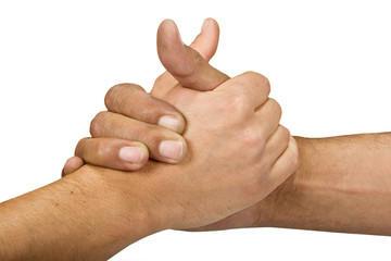 Two men shaking hands, isolated on white, African style