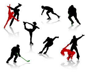 Silhouettes of people on a skating rink. 