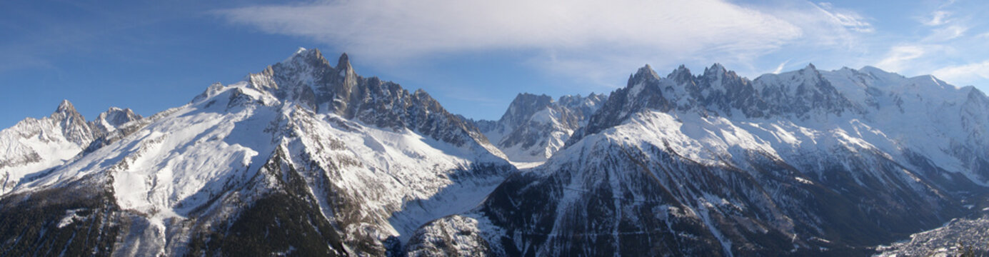 panorama massif Mont Blanc vu de la Flégère en hiver
