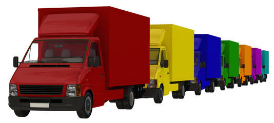 A convoy of multi-coloured delivery vehicles.