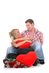 Two casual dressed young adults,  Valentine love.