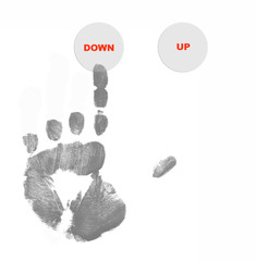 finger painted hand pointing at the down button