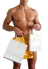 Muscular Man with Gift Bags Isolated on White