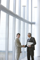 Two businessmen shaking hands in front of large glass windows