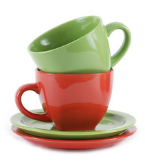 Stack of empty coffee cups on white background