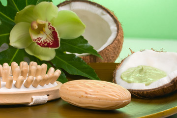Avocado coconut scrub in coconut shell